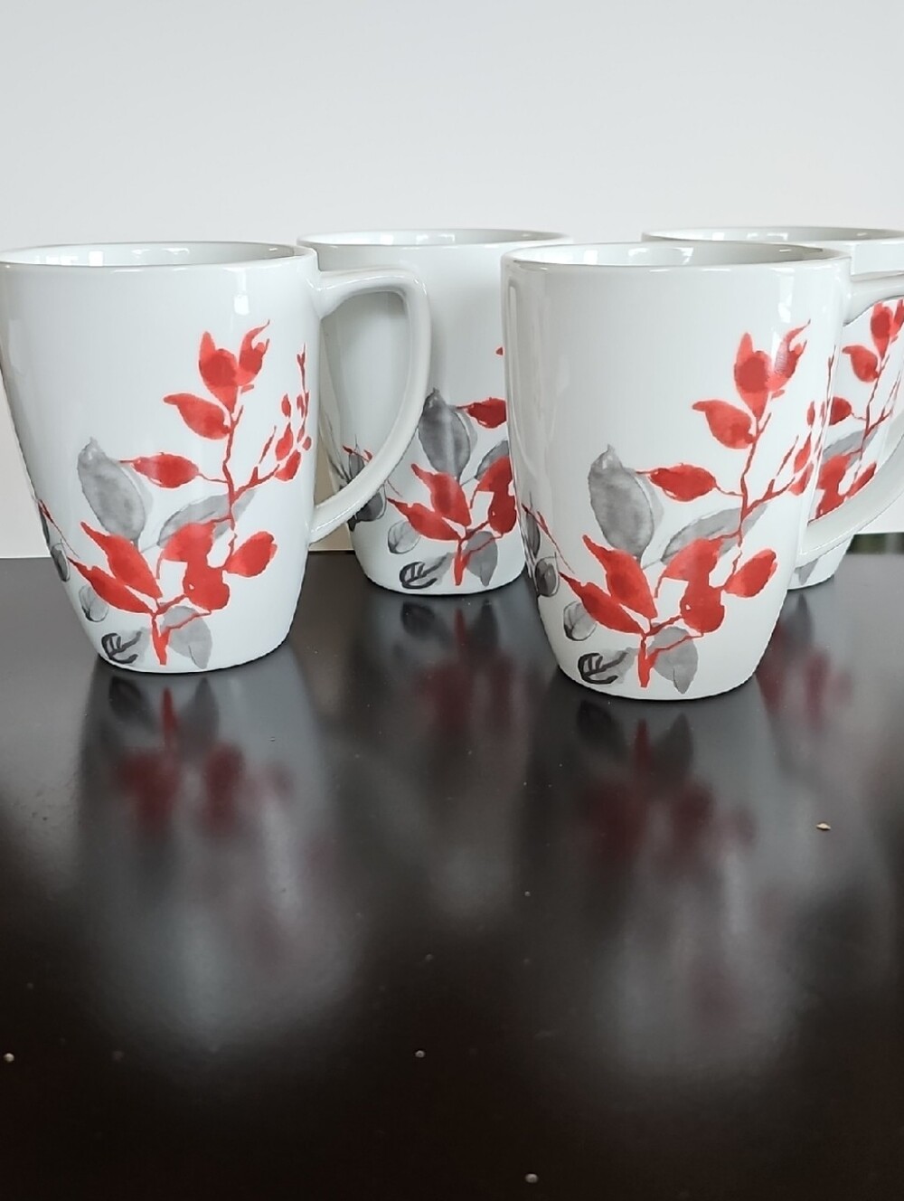 White Ceramic Mug Set with Red Botanical Print - 4 Pack